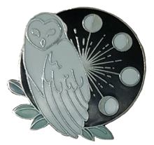 pin of an owl on top of a circle with moon phases