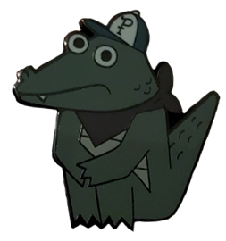 pin of pat from later alligator sitting with his arms around his legs