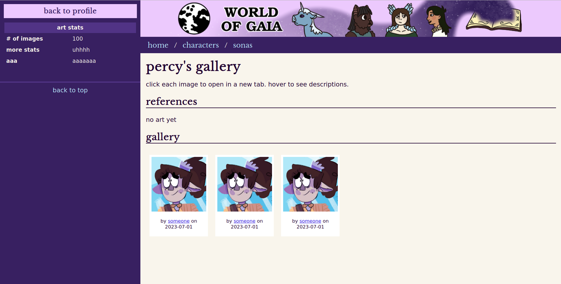 gallery page. sidebar now has a link back to the character profile and art stats