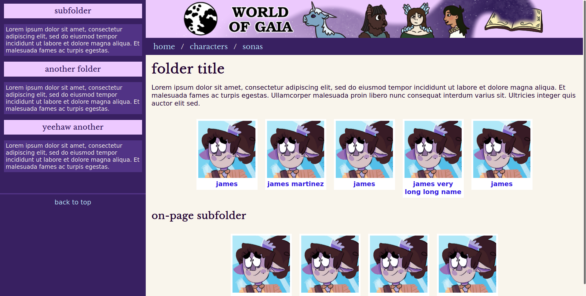 folder page displaying a bunch of character icons. sidebar has a list of subfolders with descriptions