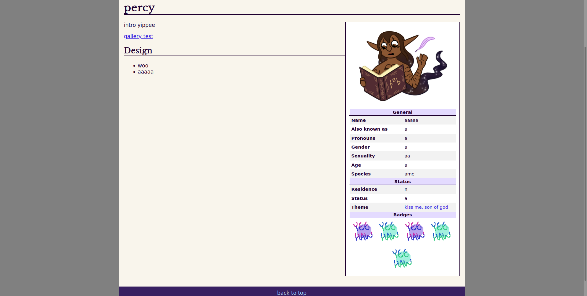 screenshot of percy's page, mostly empty with an infobox on the right